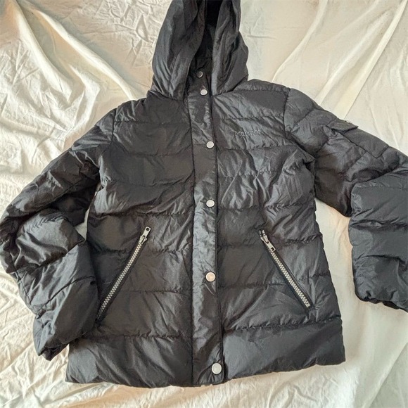 Marmot Kids Black Down‎ Puffer Jacket Size M Winter Hooded Coat - Picture 1 of 8
